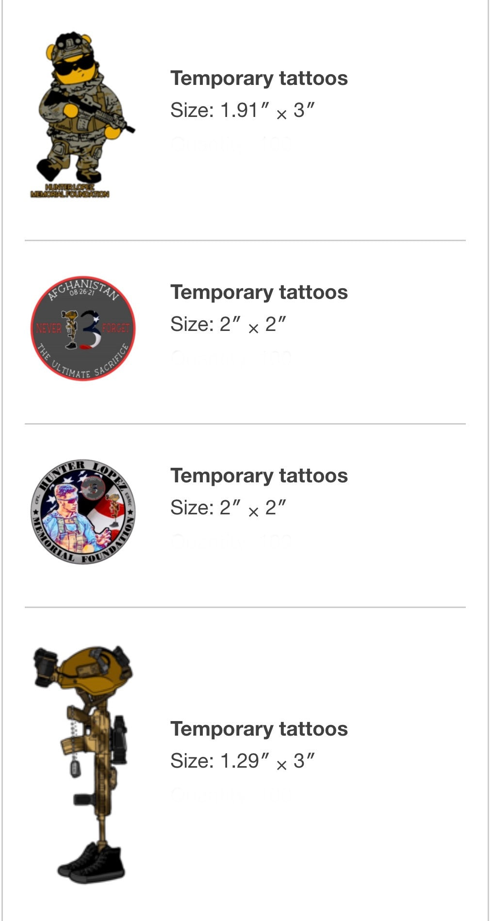 Set of 4 temporary tattoos
